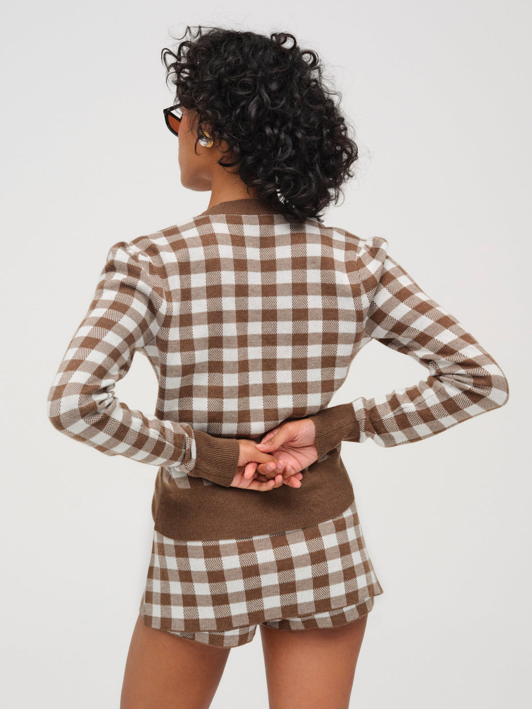 Gingham Knit Cardigan — Brown