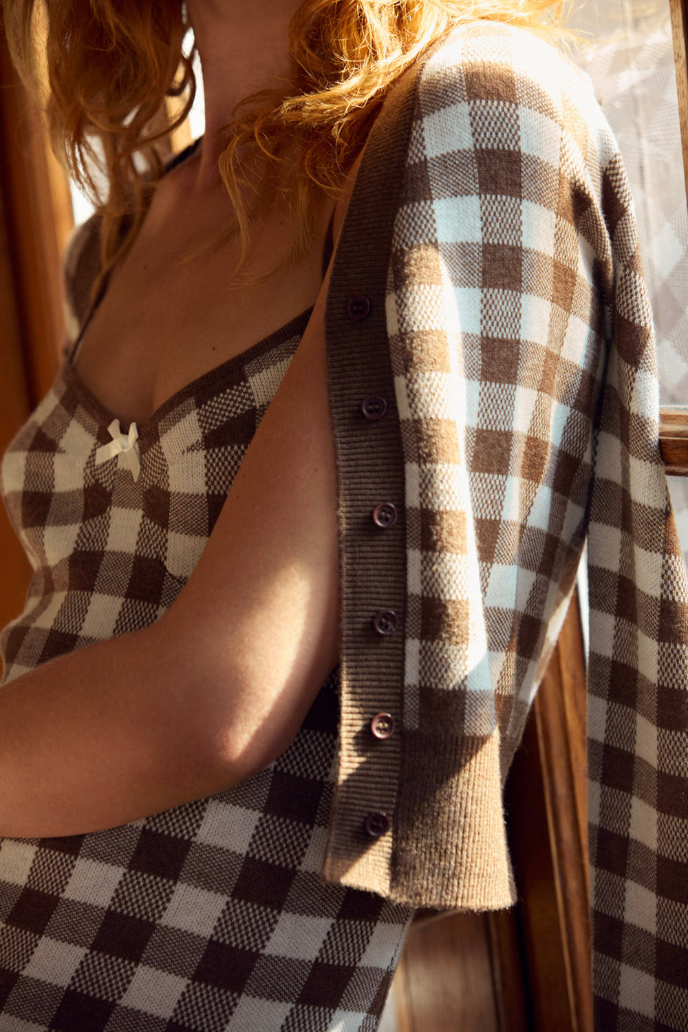 Gingham Knit Cardigan — Brown