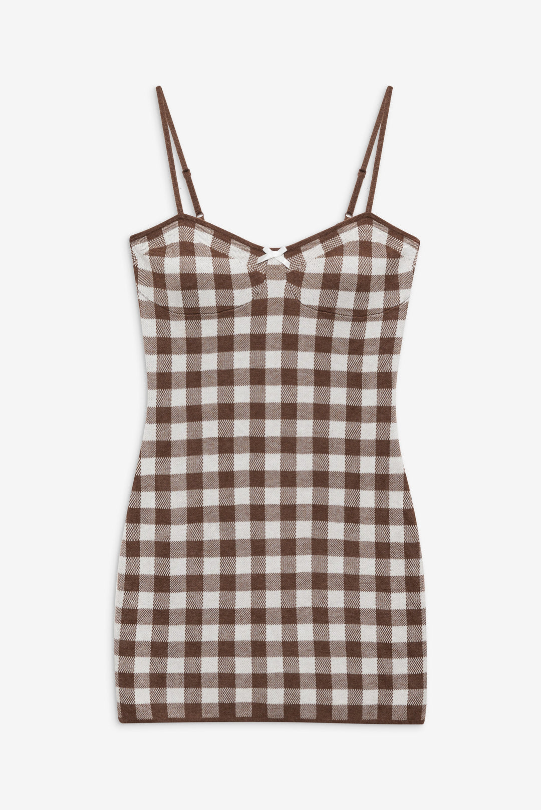 Gingham Knit Mini Dress — Brown