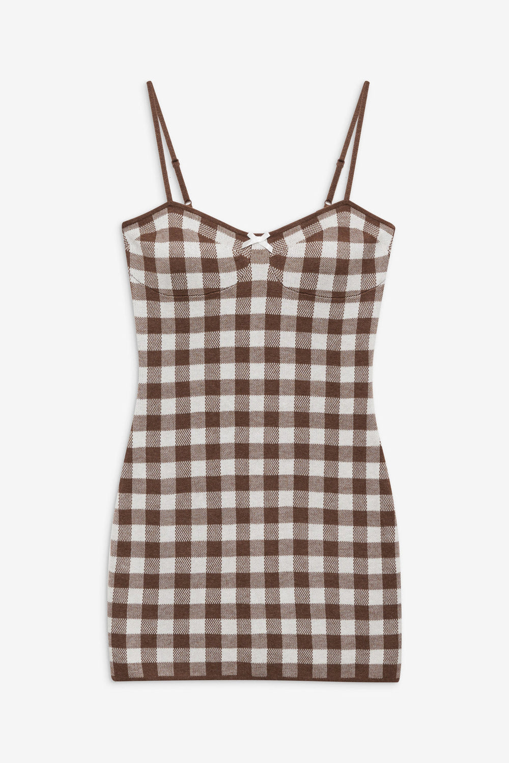 Gingham Knit Mini Dress — Brown