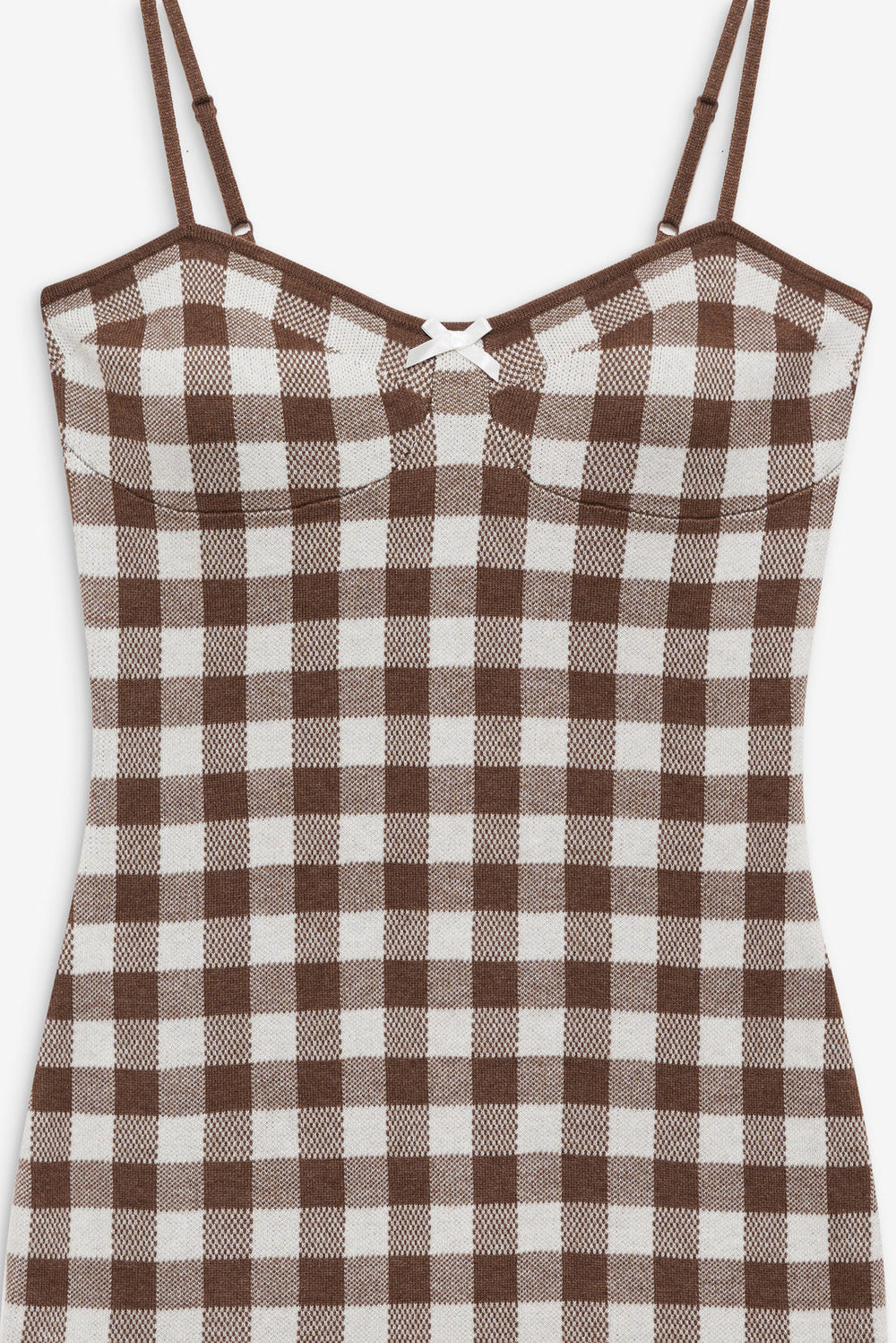 Gingham Knit Mini Dress — Brown