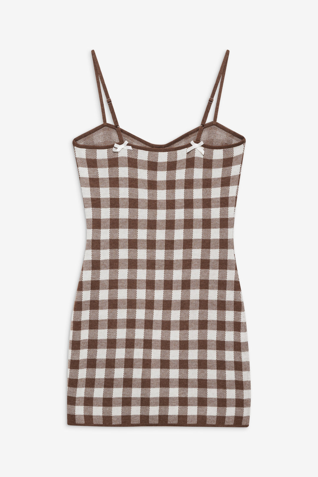 Gingham Knit Mini Dress — Brown