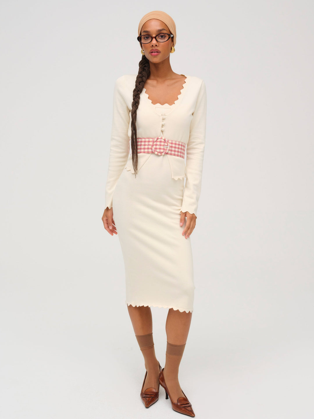 Sisi Scallop Knit Midi Dress — Cream