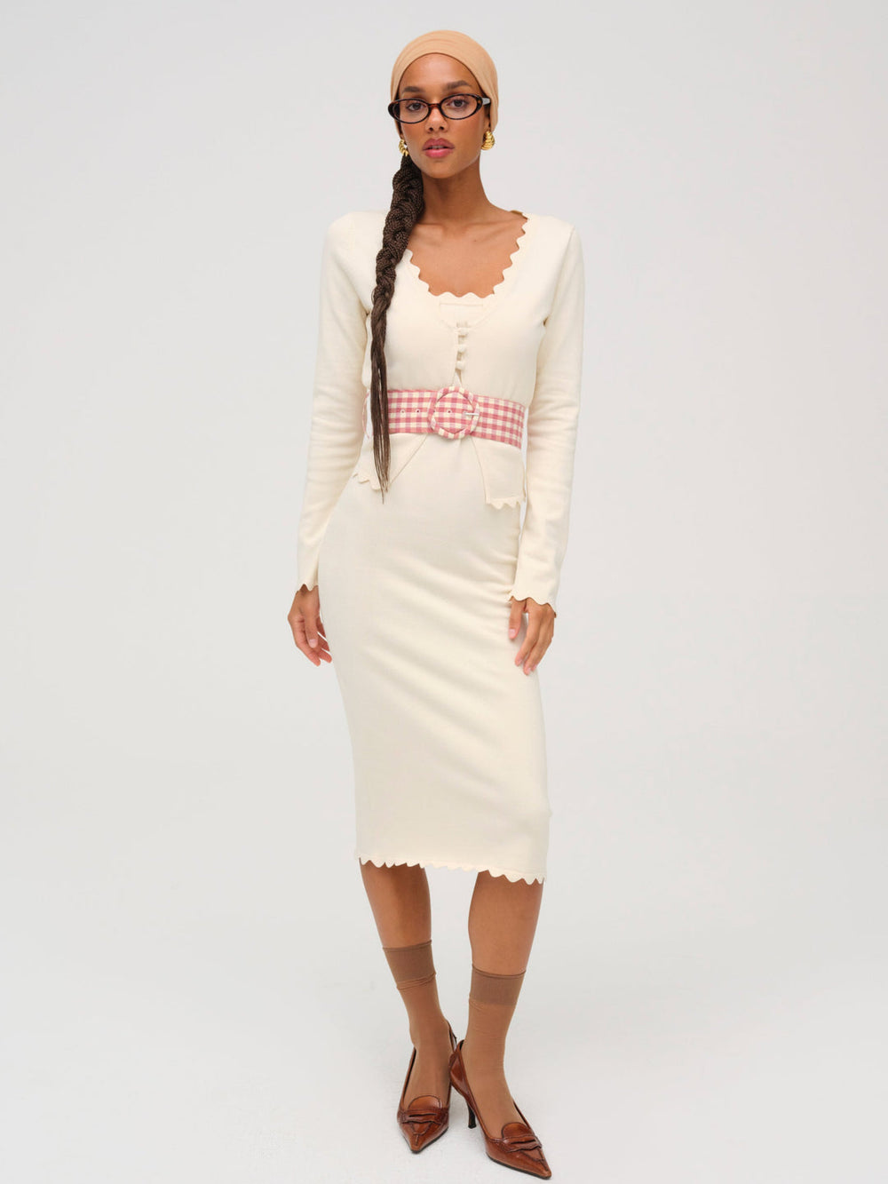 Sisi Scallop Knit Midi Dress — Cream