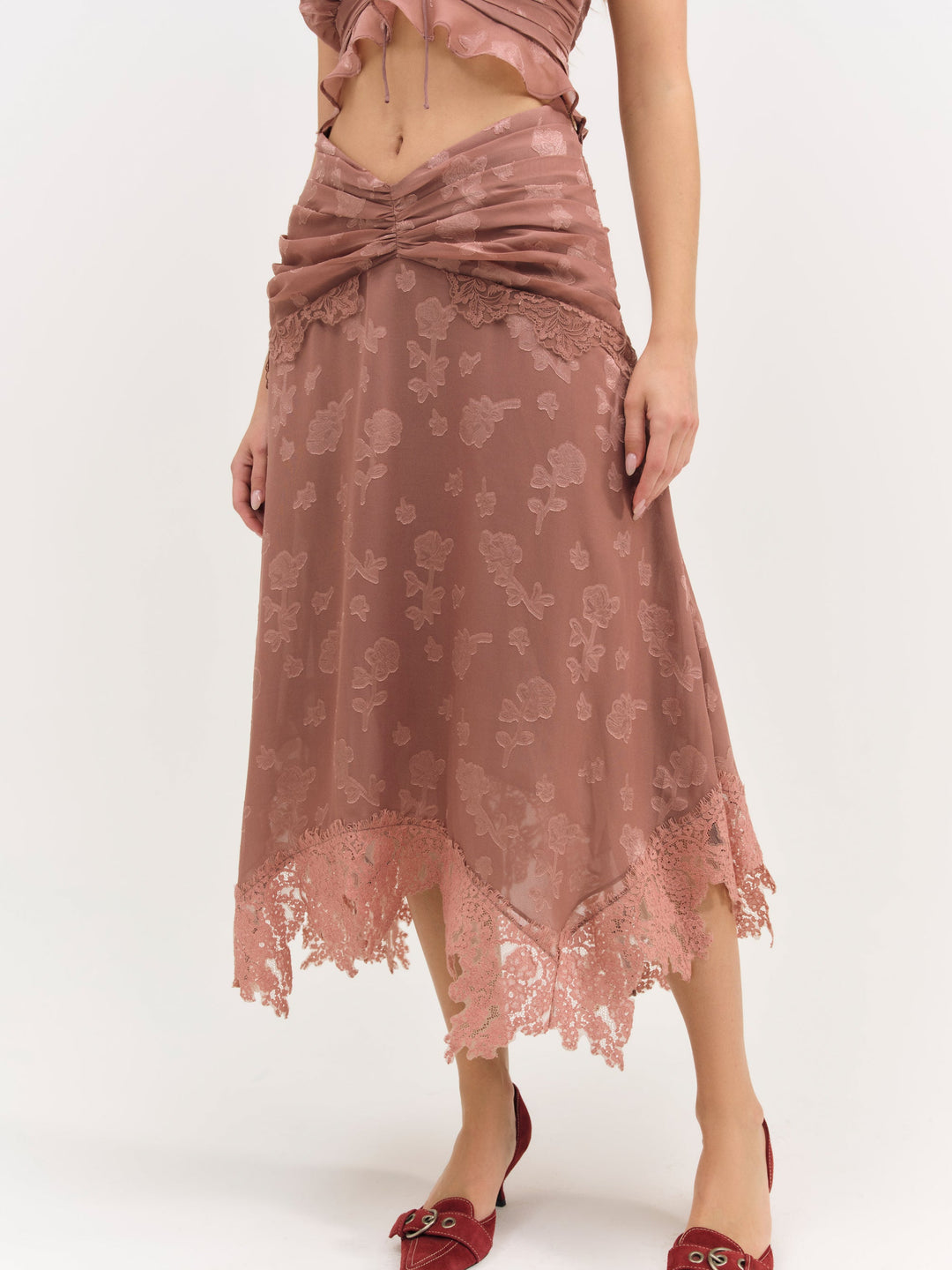 Colette Satin Burnout Midi Skirt — Mahogany