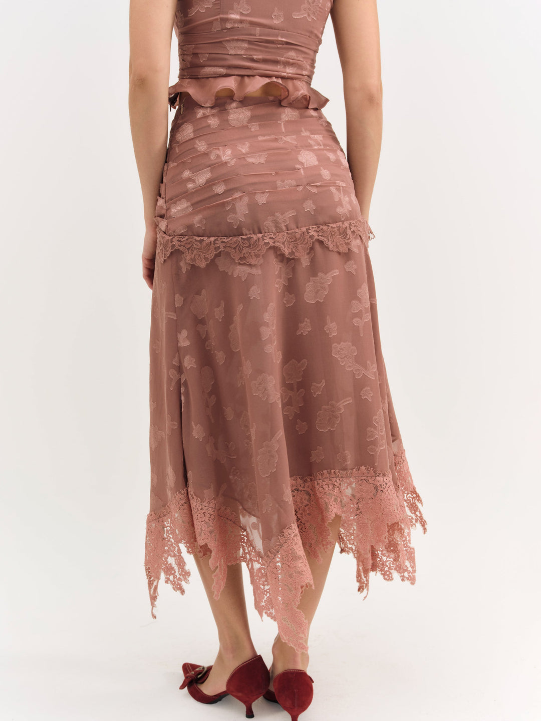 Colette Satin Burnout Midi Skirt — Mahogany