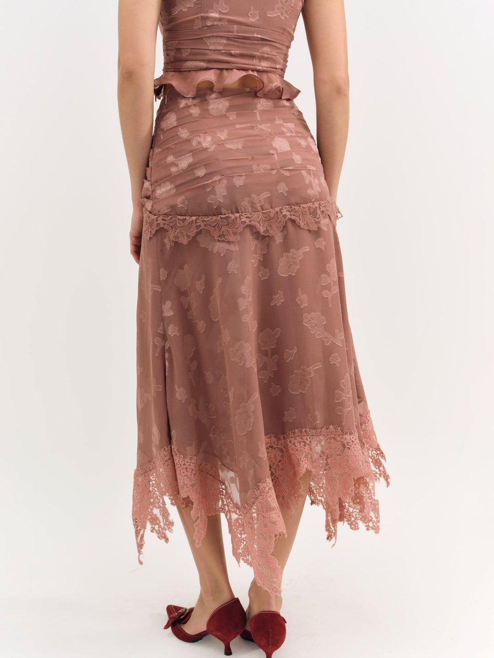 Colette Satin Burnout Midi Skirt — Mahogany