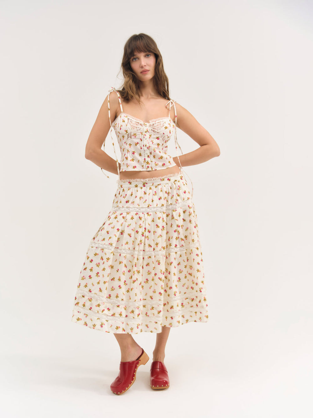 Adahlia Floral Midi Skirt — Cream