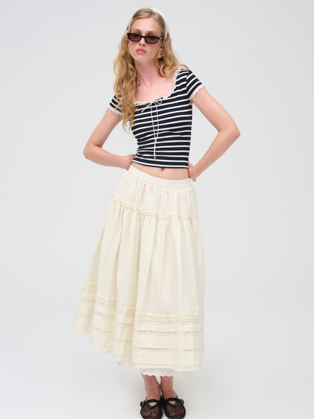 Eyelet Midi Skirt — White