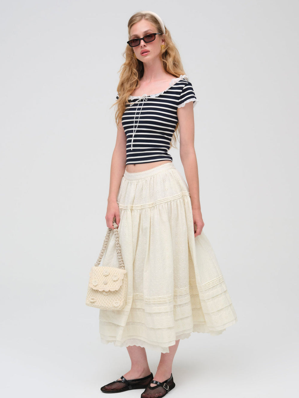 Eyelet Midi Skirt — White