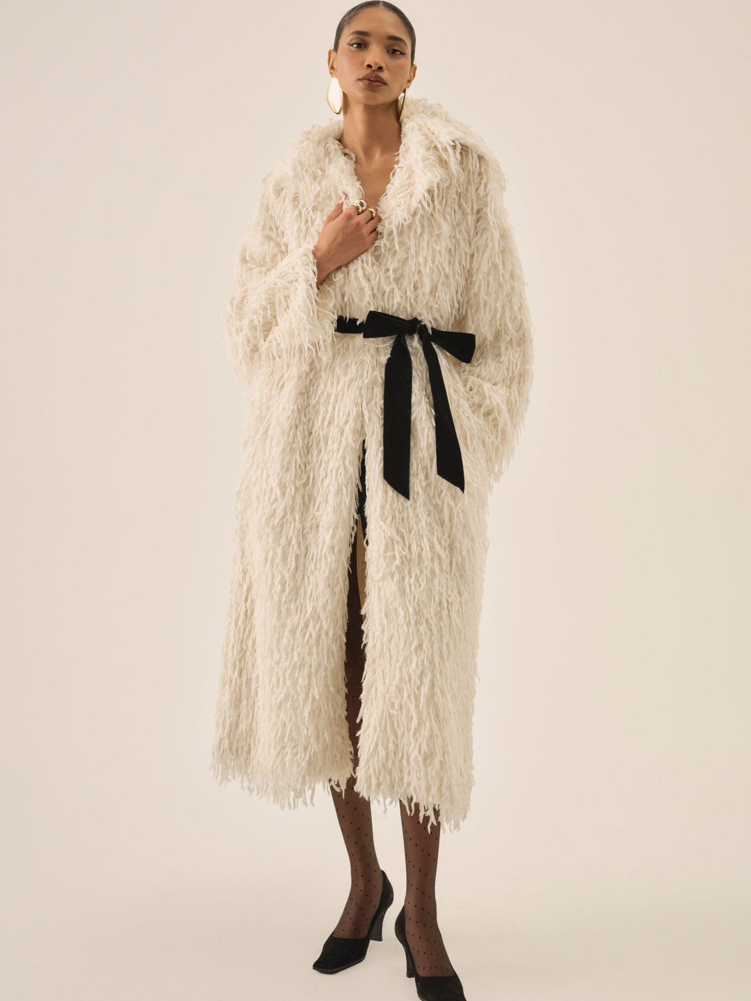 Ruffle Faux Feather Coat — Cream