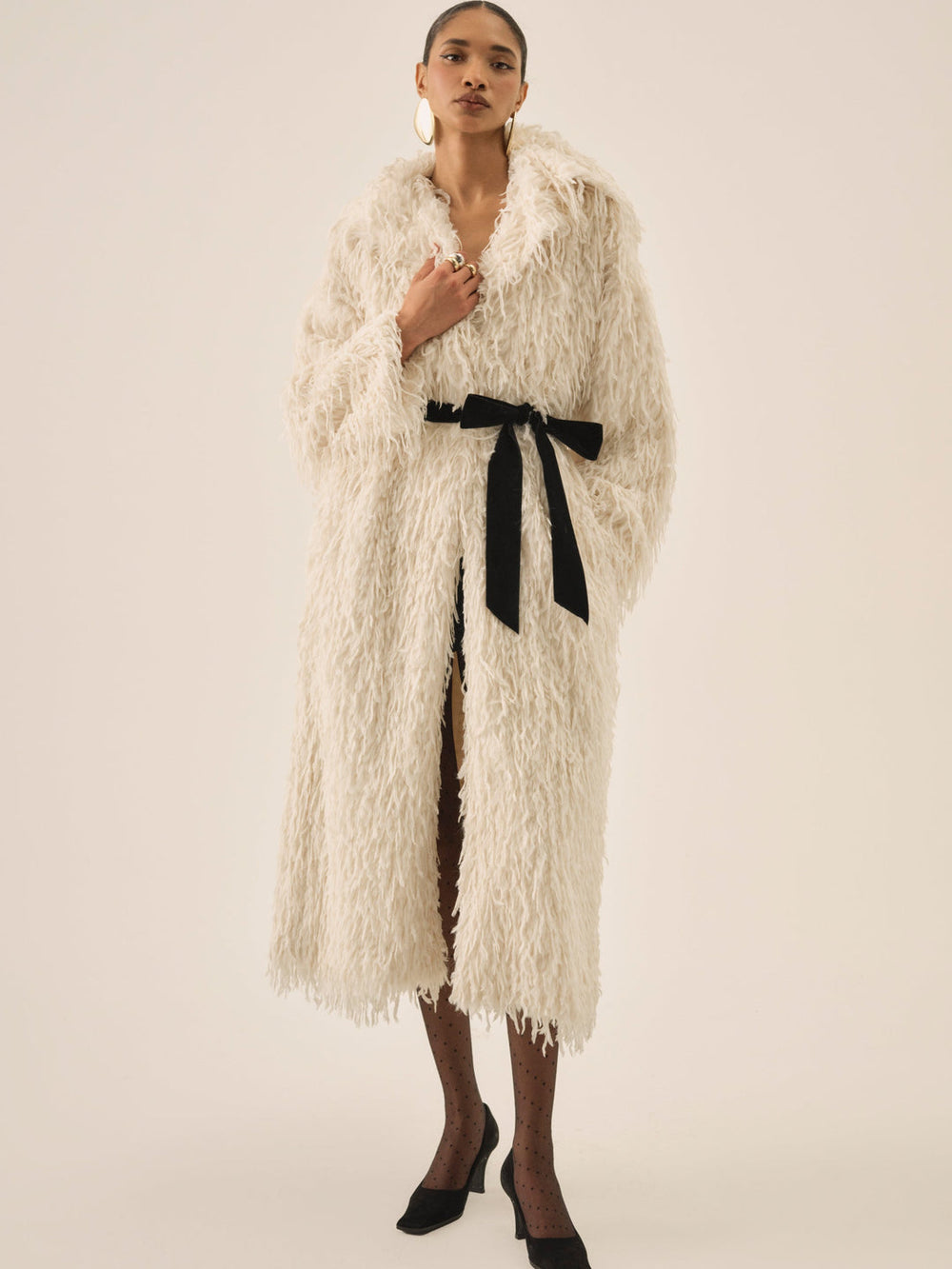 Ruffle Faux Feather Coat — Cream