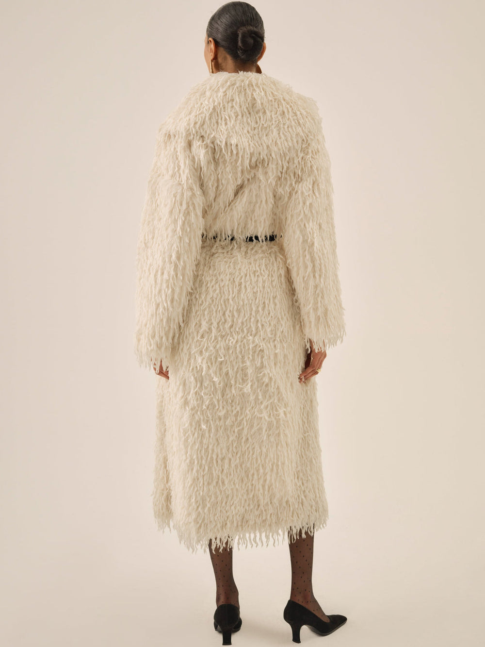 Ruffle Faux Feather Coat — Cream