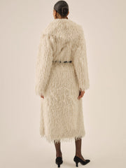 Ruffle Faux Feather Coat — Cream