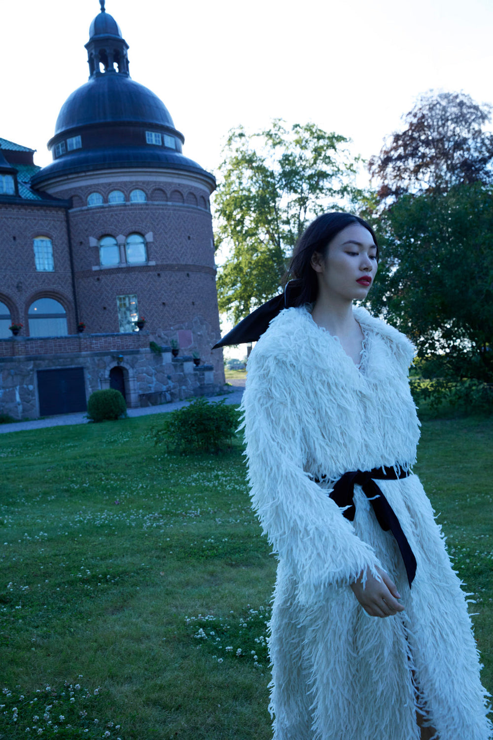 Ruffle Faux Feather Coat — Cream