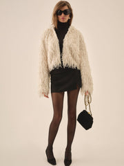 Ruffle Faux Feather Jacket — Cream