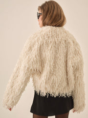 Ruffle Faux Feather Jacket — Cream