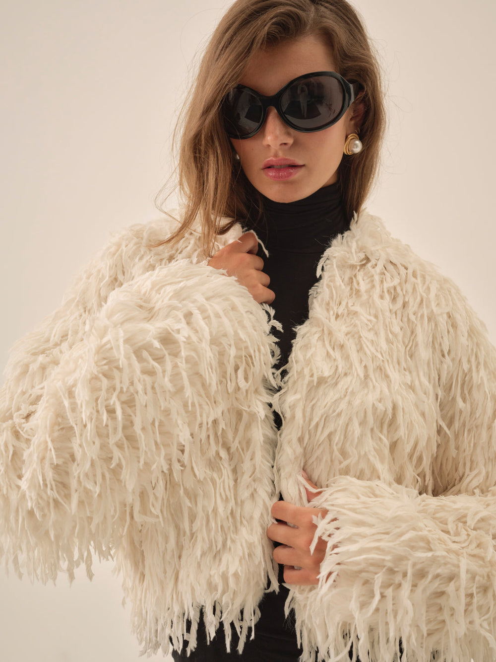 Ruffle Faux Feather Jacket — Cream