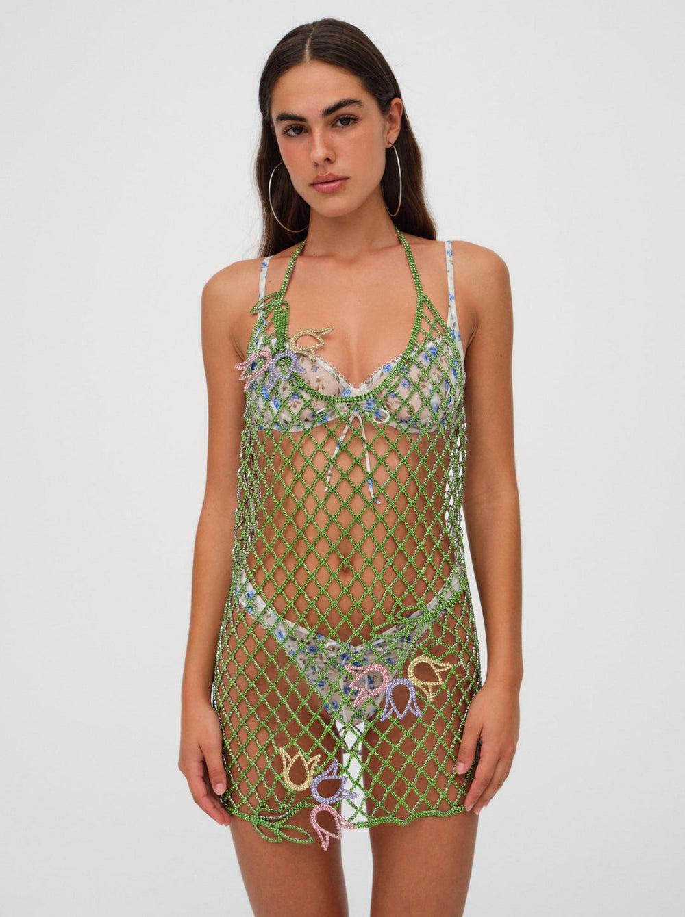 Tulip Grid Rhinestone Dress — Green
