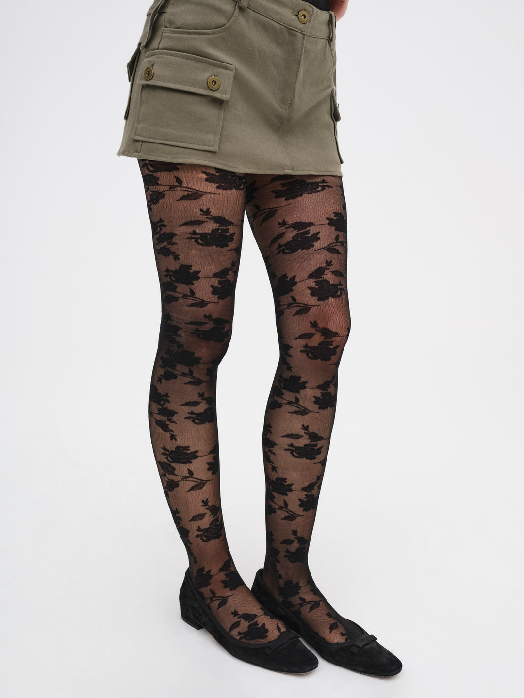 Floral Knit Tights — Black