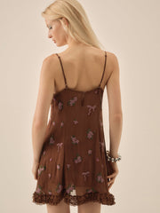 Beaded Garden Bow Mini Dress — Brown