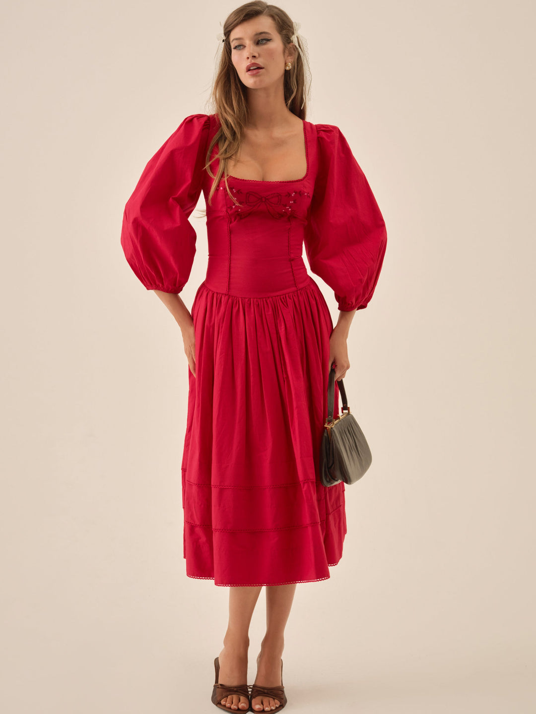 Betsy Bow Midi Dress — Red