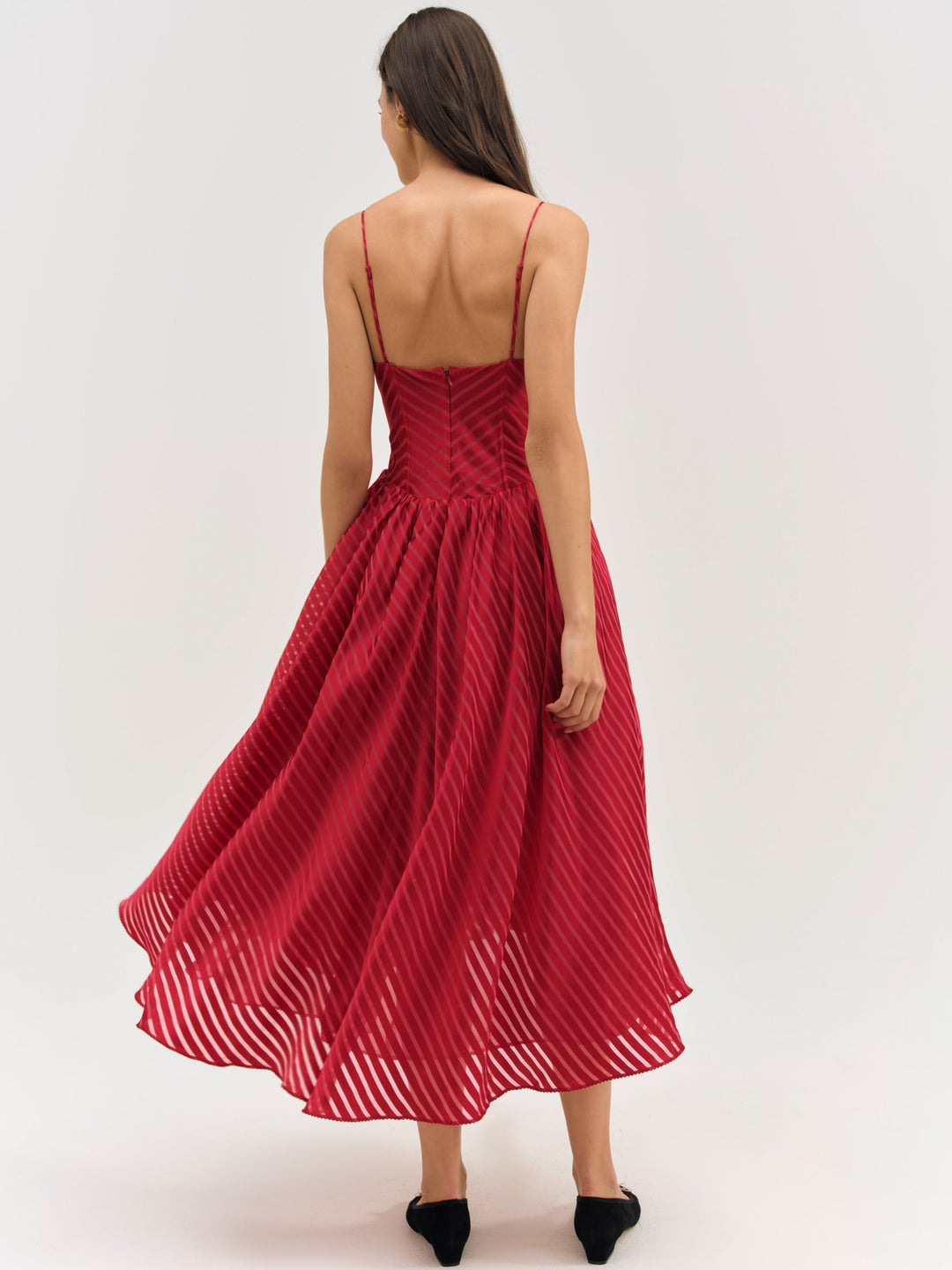 Satin Burnout Stripe Midi Dress — Red