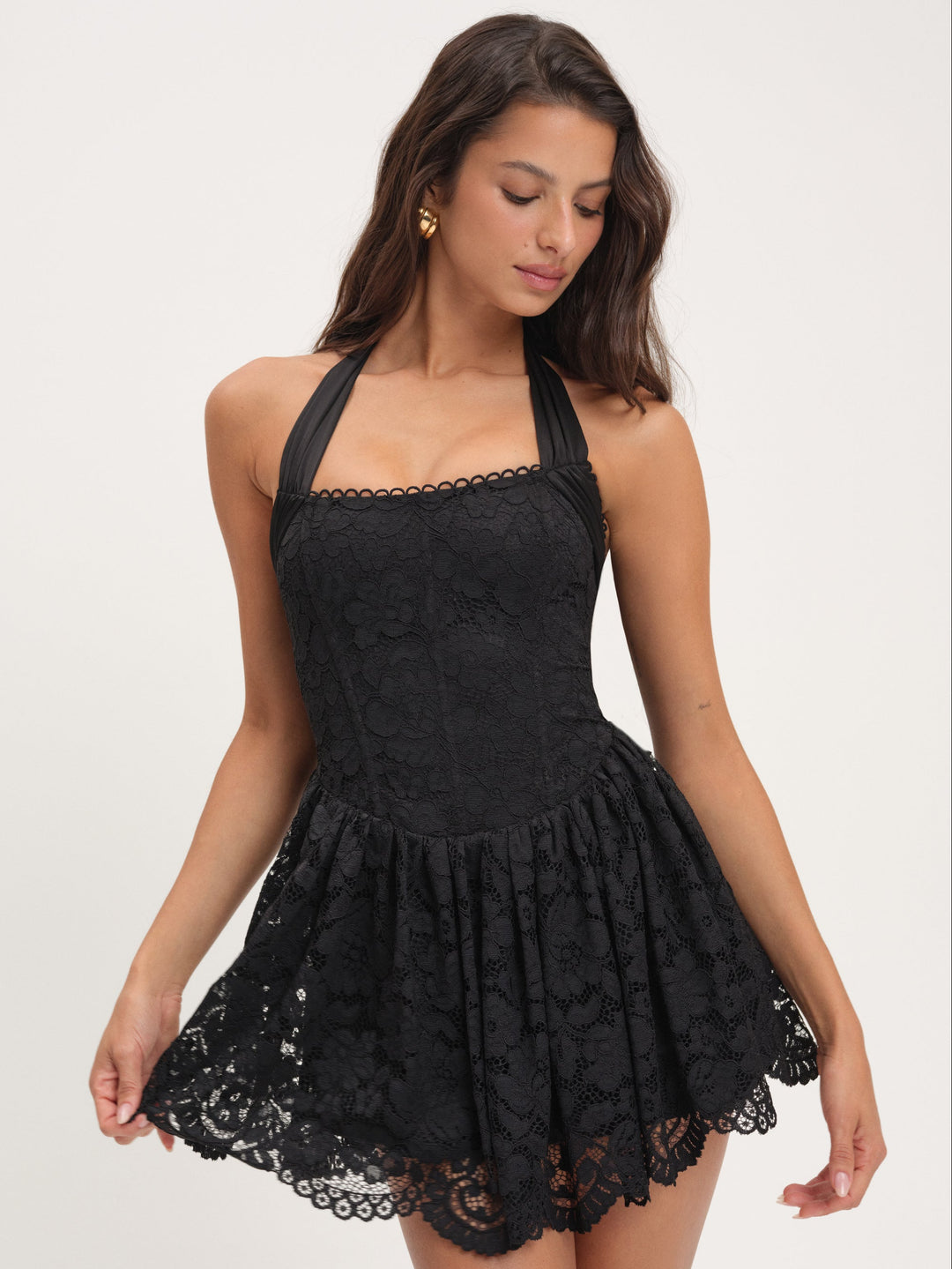 Lakeside Lace Halter Mini Dress — Black
