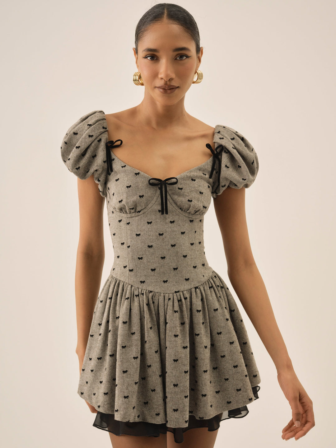 Twill Bow Mini Dress — Grey