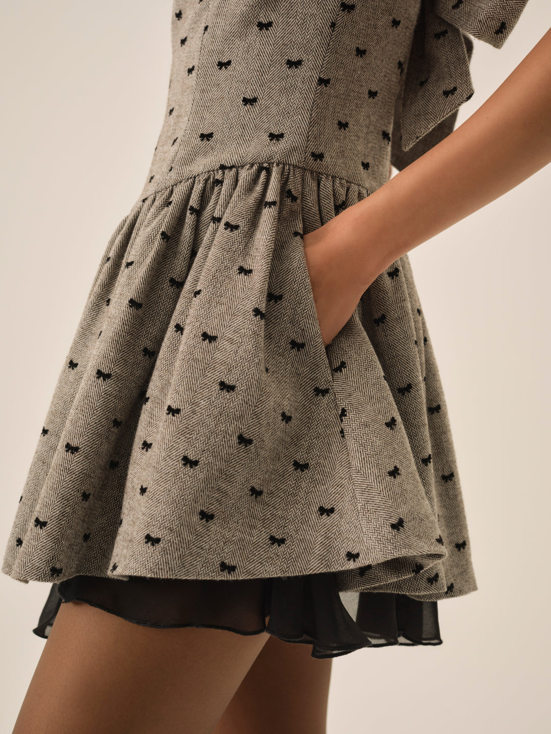 Twill Bow Mini Dress — Grey