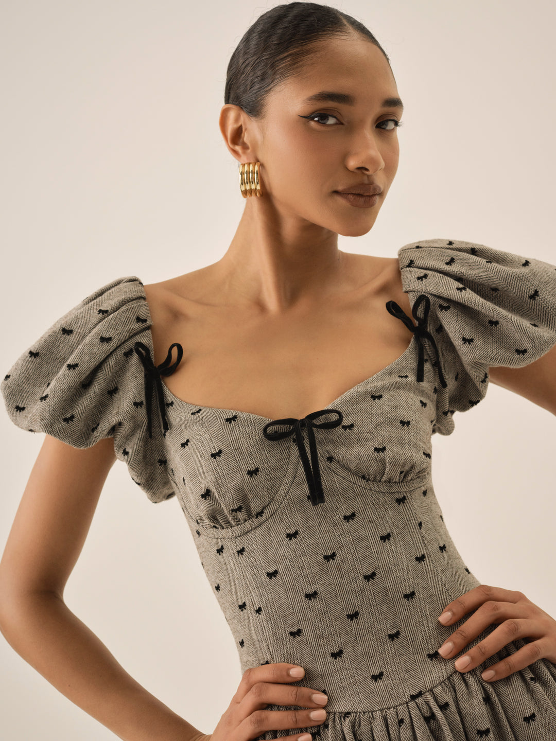 Twill Bow Mini Dress — Grey