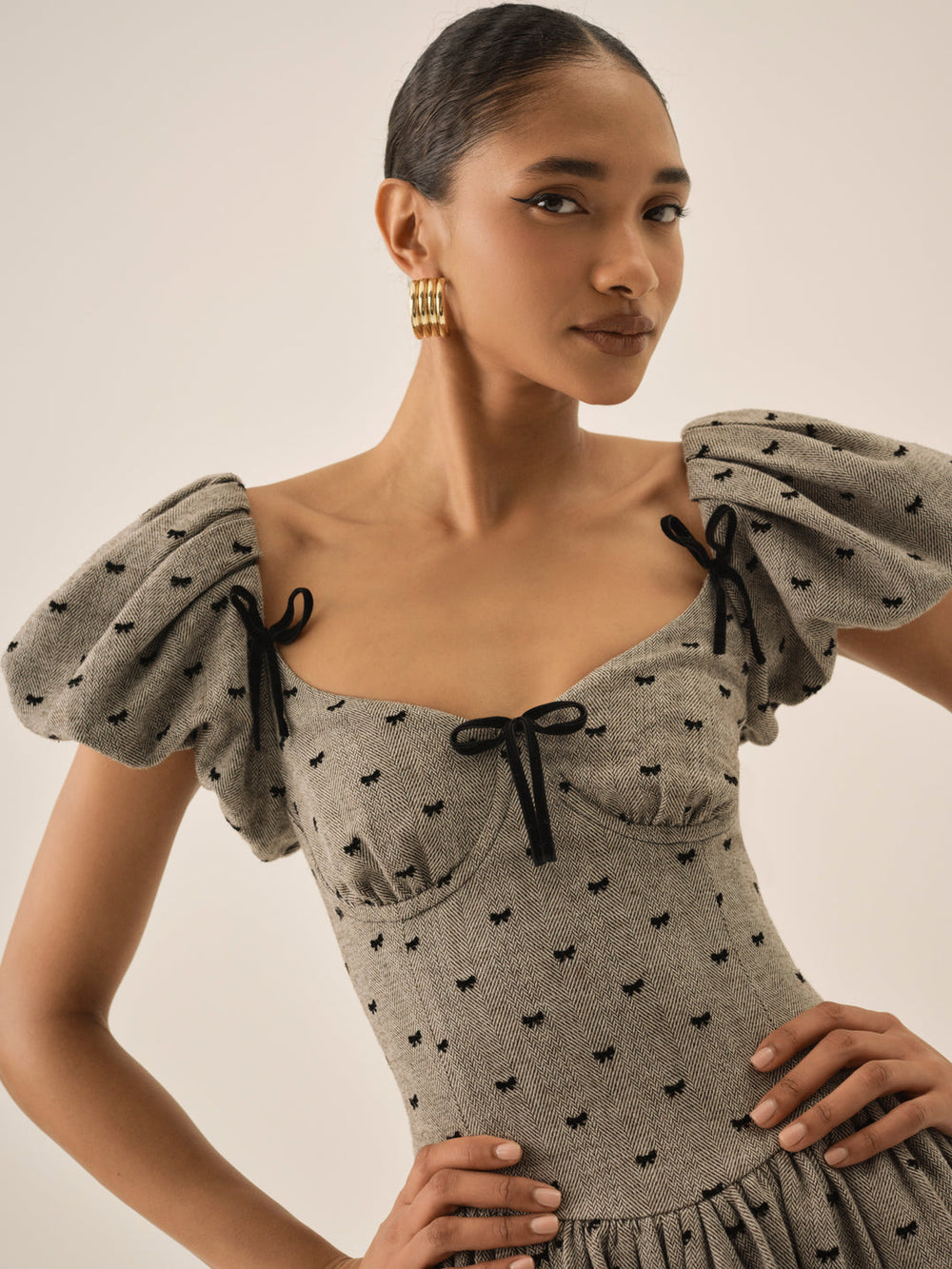 Twill Bow Mini Dress — Grey