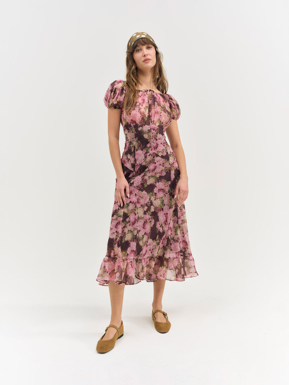 Adeline Floral Midi Dress — Brown