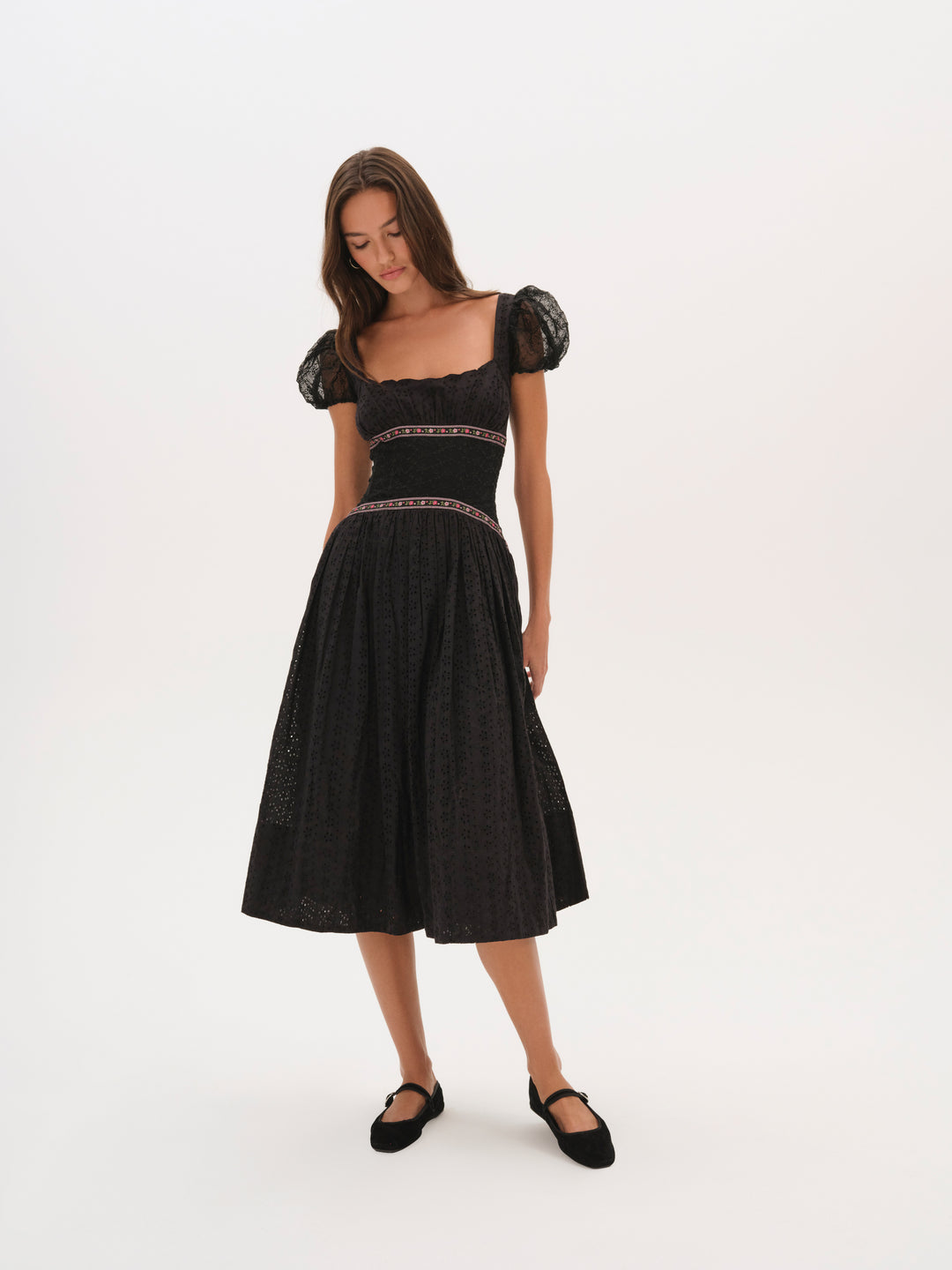 Verbana Eyelet Midi Dress — Black