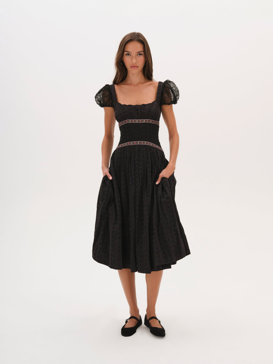 Verbana Eyelet Midi Dress — Black