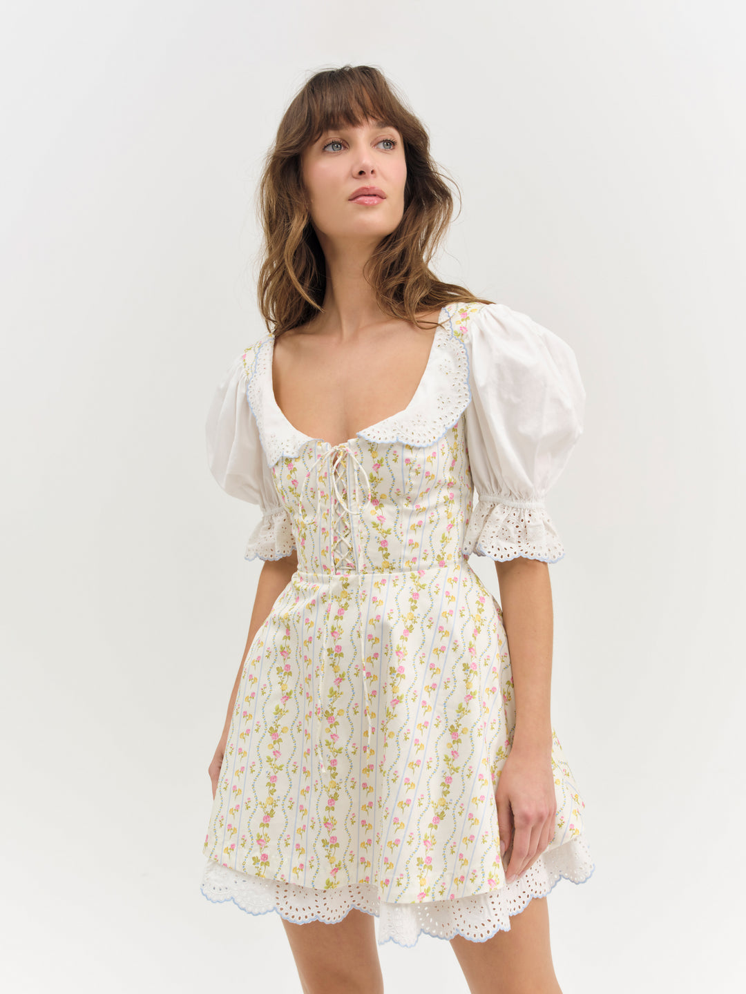 Brigitta Floral Short Sleeve Mini Dress — Ivory