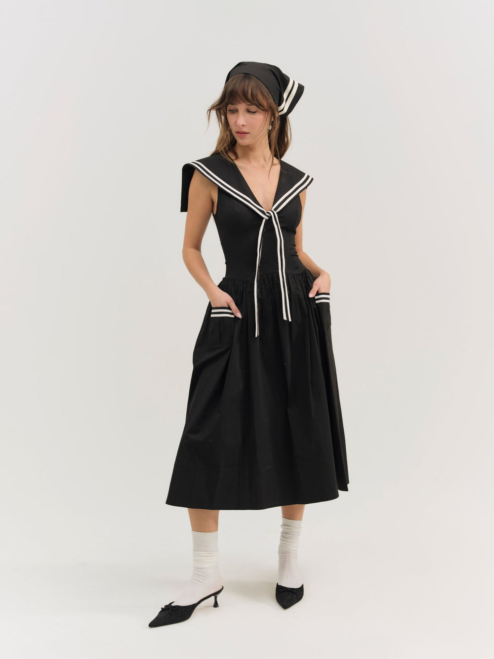 Helena Poplin Collared Midi Dress — Black