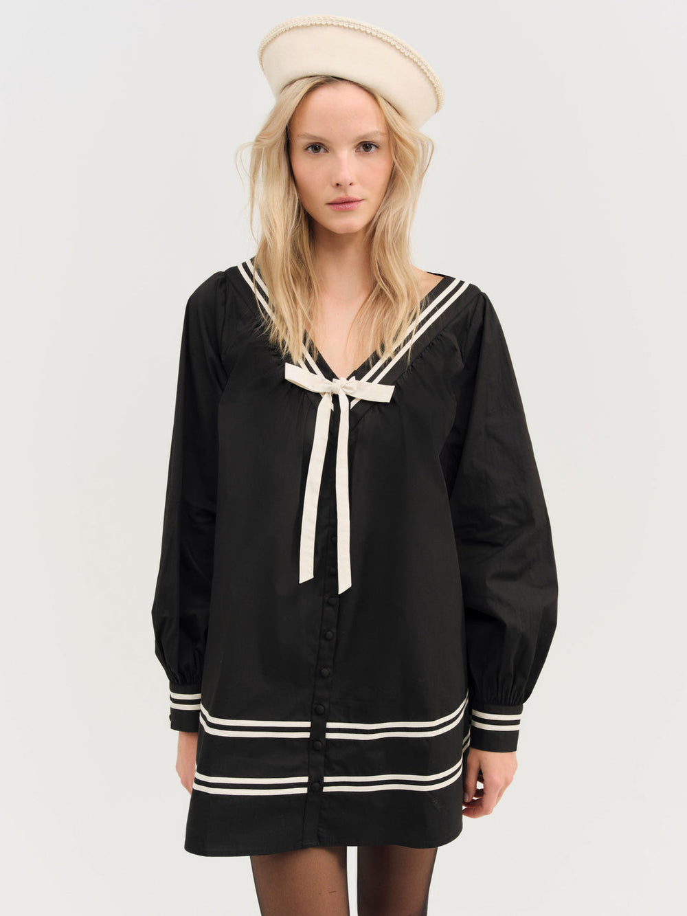 Helena Poplin Long Sleeve Mini Dress — Black