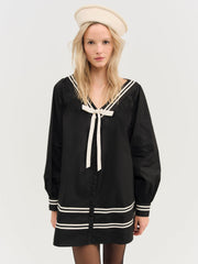 Helena Poplin Long Sleeve Mini Dress — Black