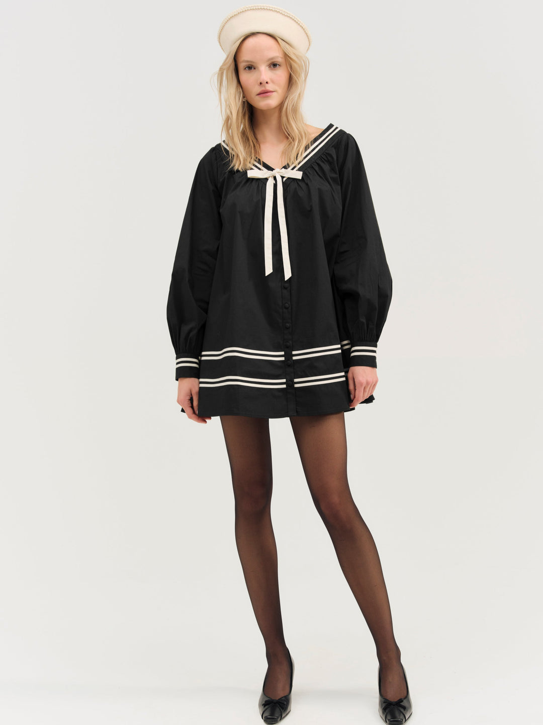 Helena Poplin Long Sleeve Mini Dress — Black