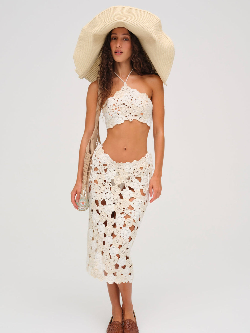 Floral Crochet Coverup Midi Skirt — White