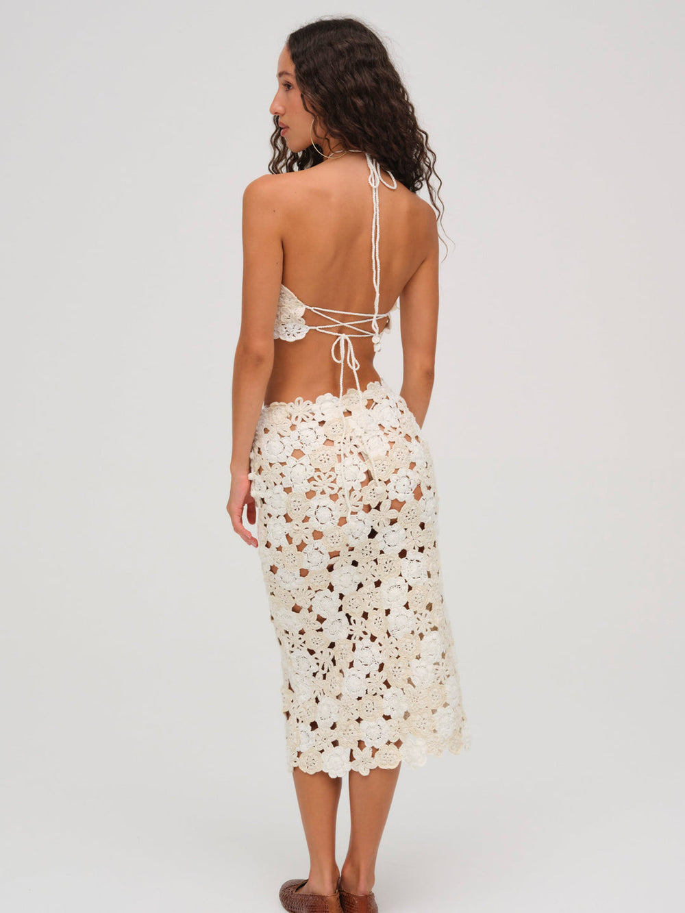 Floral Crochet Coverup Midi Skirt — White