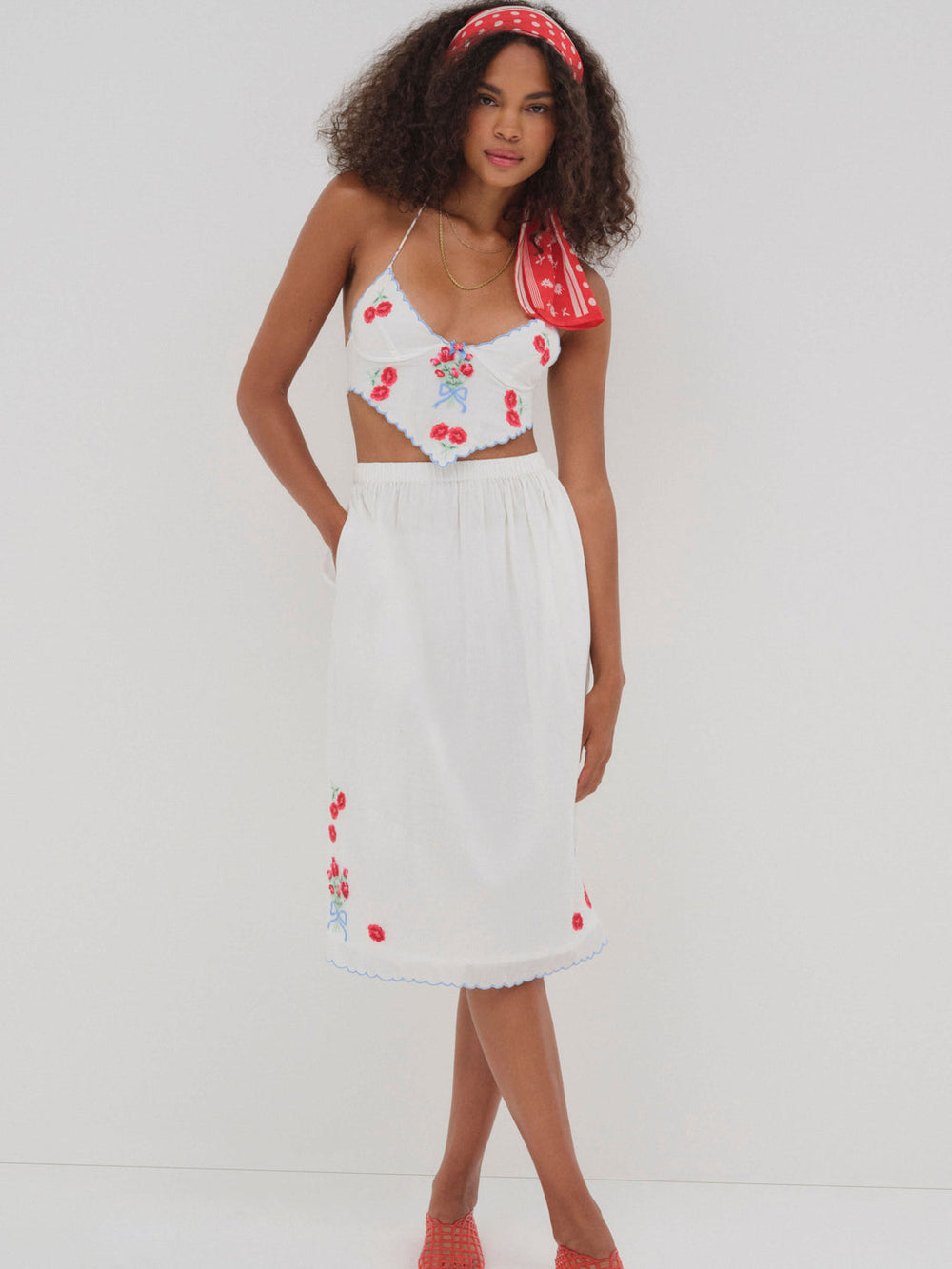 Forget Me Not Embroidery Midi Skirt — White