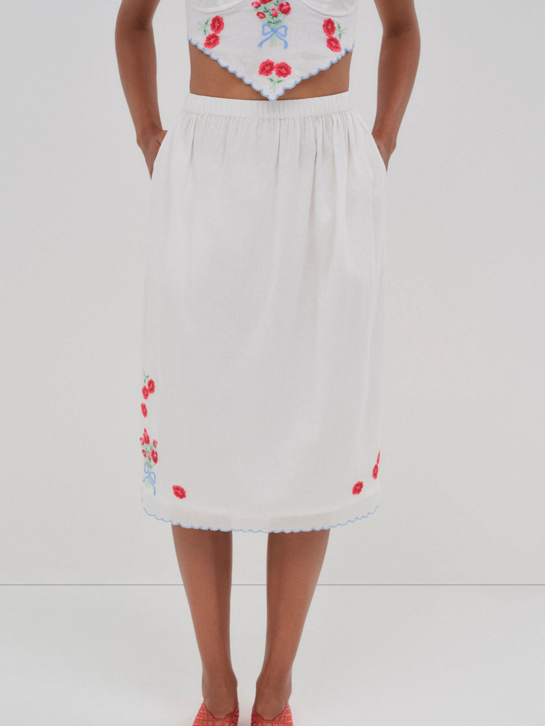 Forget Me Not Embroidery Midi Skirt — White