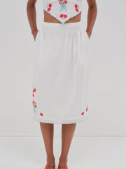 Forget Me Not Embroidery Midi Skirt — White