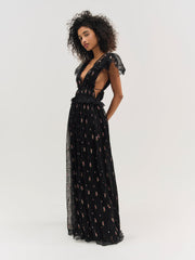 Poppy Pleated Lace Maxi Dress — Black