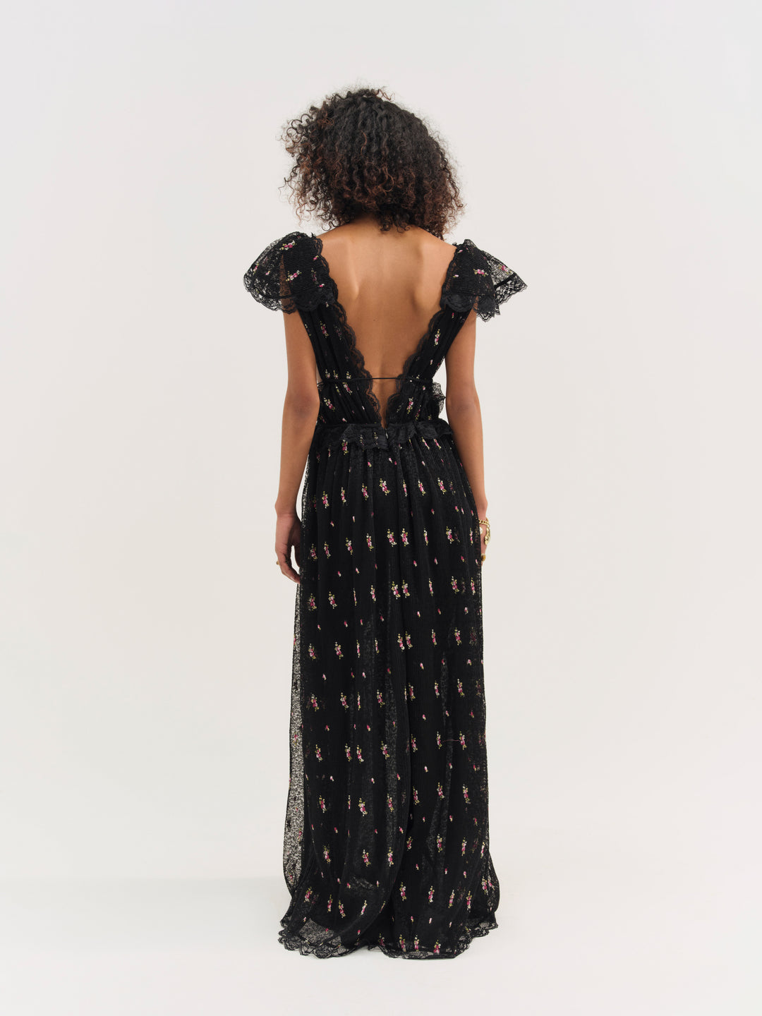 Poppy Pleated Lace Maxi Dress — Black