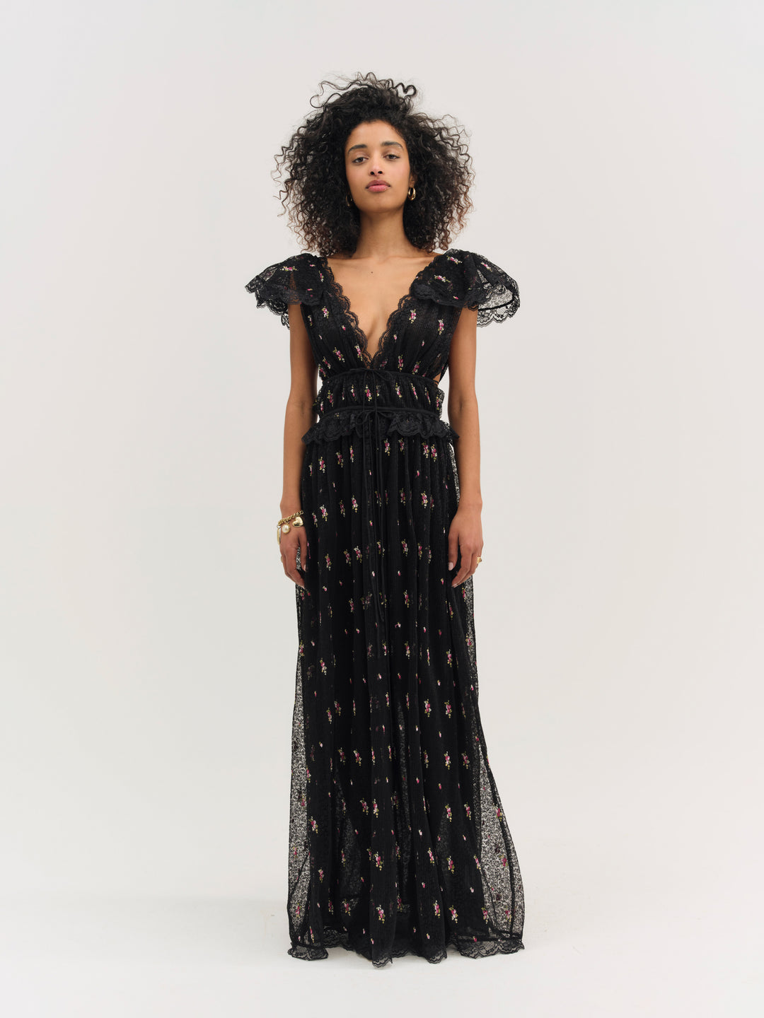 Poppy Pleated Lace Maxi Dress — Black