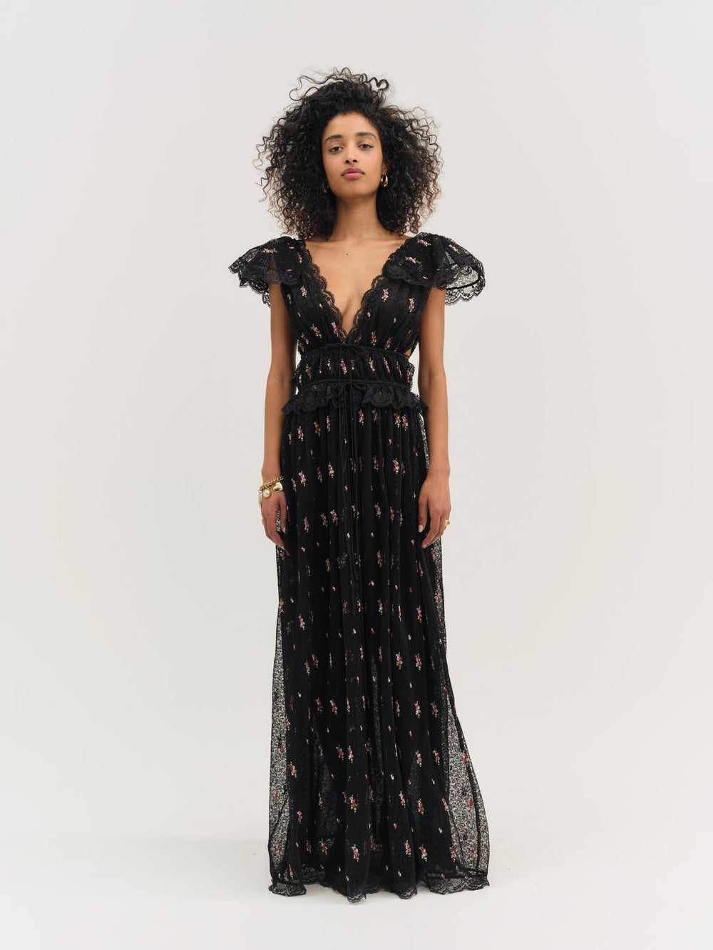 Poppy Pleated Lace Maxi Dress — Black