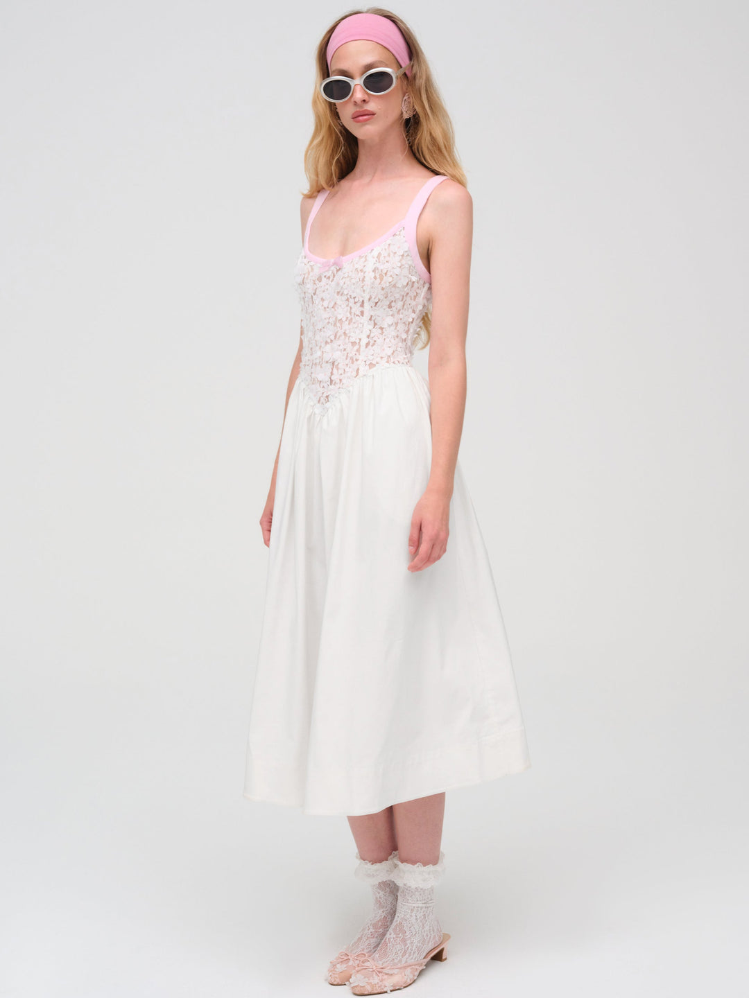 Stacked Blossom Lace Midi Dress — White